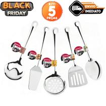 Jogo 5 Peças em 100% Aço Inox: Colher Escumadeira Concha Espatula Vazada e Espatula Sobremesa