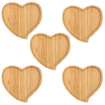Jogo 5 Petisqueiras Bandeja Prato Em Bambu De Coração Servir