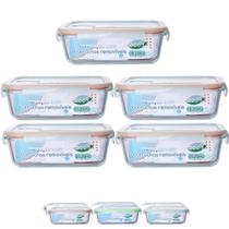 Jogo 5 Pote Vidro Retangular Tampa Hermetica 4 Trava 1520ML