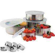 Jogo 5 Potes Inox com Tampa Conjunto Marmita Vasilha Refeiçao Alimento Armazenamento Empilhavel Organizaçao Multiuso Jogo 5 Potes Inox com Tampa Conjunto Marmita Vasilha Refeiçao Alimento Armazenamento Empilhavel Organizaçao Multiuso