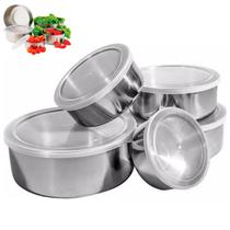 Jogo 5 Potes Inox com Tampa Marmita Conjunto Vasilha Empilhavel Refeiçao Alimento Organizaçao Armazenamento