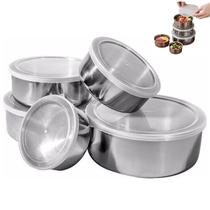 Jogo 5 Potes Inox com Tampa Vasilha Conjunto Marmita Refeiçao Fruta Alimento Organizaçao Empilhavel Multiuso Jogo 5 Potes Inox com Tampa Vasilha Conjunto Marmita Refeiçao Fruta Alimento Organizaçao Empilhavel Multiuso