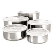 Jogo 5 Potes Tigela Herméticos Aço Inoxidável Com Tampa 250 - 400 - 600 - 960 e 1250ml Aço Polido