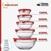 Jogo 5 Potes Vidro Marmita Tigela Tampa Trava Kit Conjunto 5 Peças Herméticos