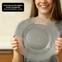 Jogo 5 Pratos Vidro Egípcio Decorado Estrela Raso Transparente Elegante Mesa Posta Jantar Sofisticado Almoço