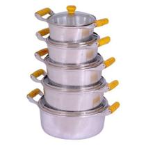 Jogo 5 s Caçarolas Aluminio Polido Alça e Pomel de Madeira 16 ao 24 cm Tampa de Vidro