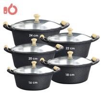 Jogo 5 s Caçarolas Alumínio Preto Alças e Pomel Madeira do 16 ao 24 cm Tampa de Vidro