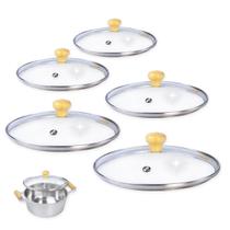 Jogo 5 Tampas 16 18 20 22 24cm Vidro Temperado Borda Inox para Panelas e Frigideiras + Pomel Madeira