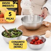 Jogo 5 Tijelas de Inox Bowl Multiuso Redonda Funda Saladeira Confeitaria Ideal para Preparo de Recei