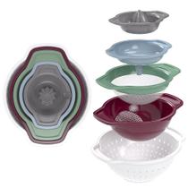 Jogo 5 Utensílios Espremedor Funil Peneira Lava Arroz Escorredor