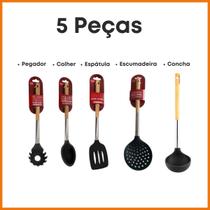 Jogo 5 utensílios Talheres Silicone Preto Kit 5 Peças Cozinha Jogo 5 utensílios Talheres Silicone Preto Kit 5 Peças Cozinha