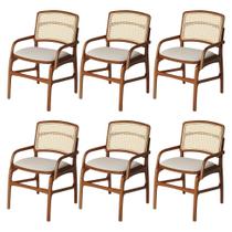 Jogo 6 Cadeiras de Jantar Florença Estrutura em Madeira Jequitibá Terra Braço Encosto Palha Linho Bege