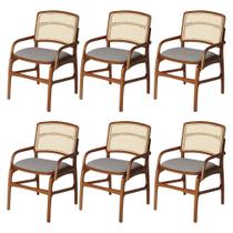 Jogo 6 Cadeiras para Jantar Florença em Madeira Jequitibá Terra Braço Encosto Palha Linho Cinza