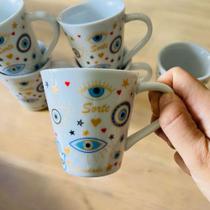 Jogo 6 Caneca Café Porcelana Branca Kit Xícaras Olho Grego Jogo 6 Caneca Café Porcelana Branca Kit Xícaras Olho Grego