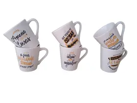 Jogo 6 Caneca Tulipa Café Porcelana Branca Kit Xícaras frases douradas
