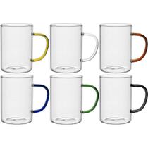 JOGO 6 CANECA XÍCARA HOME&CO C/ALÇA COLORIDA BOROSSILICATO 450ml 11x8x8cm TRANSPARENTE