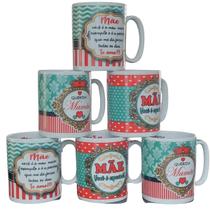 Jogo 6 canecas 300ml Frases Mãe - Kit Porcelana - Decoração Caneca Completa Verde e Vermelho