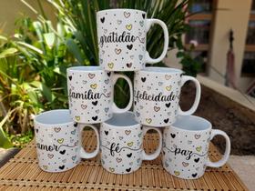 Jogo 6 Canecas 300ml Porcelana Branca Decoradas Frases