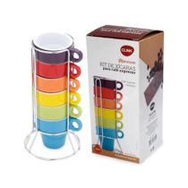 Jogo 6 Canecas de Cerâmica Para Café 50ml com Suporte Aço Inox