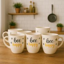 Jogo 6 Canecas Porcelana 300ml Honey Ideal Café Chá Presente Decorativo Elegante Uso Diário
