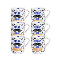 Jogo 6 Canecas Porcelana Pai Bigode 280ml, Ideais para Cestas, Dia Dos Pais, Presentes