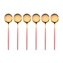 Jogo 6 Colheres de Sobremesa Slim Bicolor Inox Dourado 18,5cm Cabo Rosa