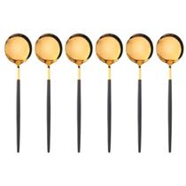 Jogo 6 Colheres de Sobremesa Slim Inox Dourado Cabo Preto 18,5cm Jogo 6 Colheres de Sobremesa Slim Inox Dourado Cabo Preto 18,5cm