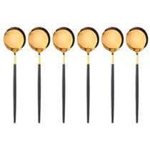 Jogo 6 Colheres de Sobremesa Slim Inox Dourado Cabo Preto 18,5cm Jogo 6 Colheres de Sobremesa Slim Inox Dourado Cabo Preto 18,5cm