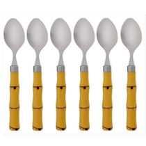 Jogo 6 Colheres para Chá Sobremesa 16cm Aço Inox Cabo Plástico Bambu
