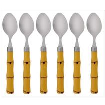 Jogo 6 Colheres para Chá Sobremesa Café 16cm Aço Inox Cabo de Bambu Natural.
