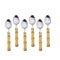 Jogo 6 Colheres para Sobremesa com cabo Plástico Bambu Natural Talheres Aço Inox - 7387