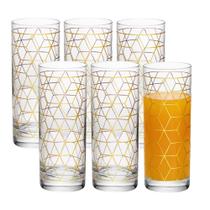 Jogo 6 Copo Alto de Vidro para Drink 330ml Transparente Dourado Cube Wolff