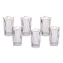 Jogo 6 Copos De Vidro Alto Long Drink Borda Dourada Canelado 370ml