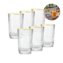 Jogo 6 Copos De Vidro Com Borda Dourada Filete Alto 420ml Transparente Jogo 6 Copos De Vidro Com Borda Dourada Filete Alto 420ml Transparente