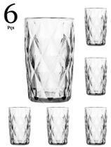 Jogo 6 Copos De Vidro Transparente Alto Diamond 350ml Espesso Para Água Refrescos Drinks Sucos