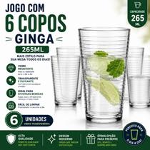 Jogo 6 Copos Ginga 265ml Vidro Transparente para Água Suco Refrigerante