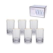 Jogo 6 copos long drink vidro borda dourada 385ml cristalle hauskraft