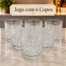 Jogo 6 Copos Vidro Drinks 340ml Transparente Lapidado Whisky