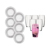 Jogo 6 Copos Vidro Oca 300ml E 6 Pratos Vidro Diamante Fundo
