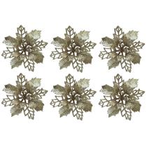 Jogo 6 Flores Bico de Papagaio Champanhe Natal Pick Glitter 9cm com Presilha - Magizi - Yangzi