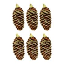 Jogo 6 Pinha Natural Pendente Natalina 8,5cm com Glitter Dourado e Cordão para Pendurar