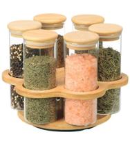 Jogo 6 Porta Condimentos 320ml 23,3x18cm Em Vidro Borossilicato Com Tampa E Suporte Em Bambu