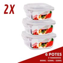 Jogo 6 Pote Vidro Hermético Marmita Kit Quadra 3 Tamanhos