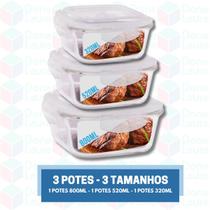 Jogo 6 Pote Vidro Hermético Marmita Kit Quadrado 3 Tamanhos