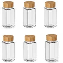 Jogo 6 Potes de Vidro 125ml Quadrado para Temperos Secos Tampa Bambu Decorativa com Vedação Interna para Condimentos Ervas Especiarias Temperos