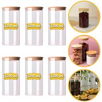 Jogo 6 Potes De Vidro Premium 1200ml Frasco Hermético Condimentos Temperos Tampa De Bambu