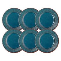 Jogo 6 Prato de Sobremesa Ceramica Azul Linear Rústico 20cm Lyor