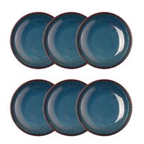 Jogo 6 Prato Fundo de Massas Cerâmica Linear Azul Premium 23cm Lyor