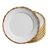 Jogo 6 Prato Raso de Cerâmica Branco Borda de Bambu Grossa 27cm Flat Scalla