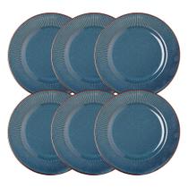 Jogo 6 Prato Raso de Jantar Ceramica Azul Linear Rústico 27cm Lyor